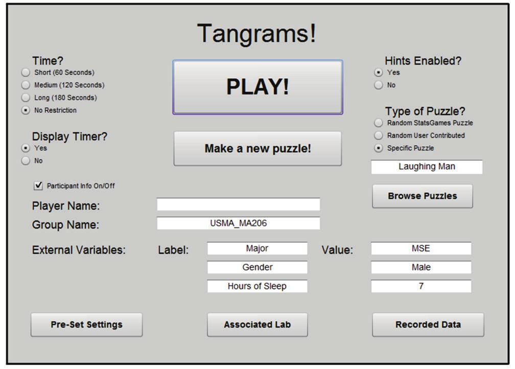 between major and puzzle completion time. Figure 2 shows the setup screen of the Tangrams game. The Tangrams Lab Figure 2.