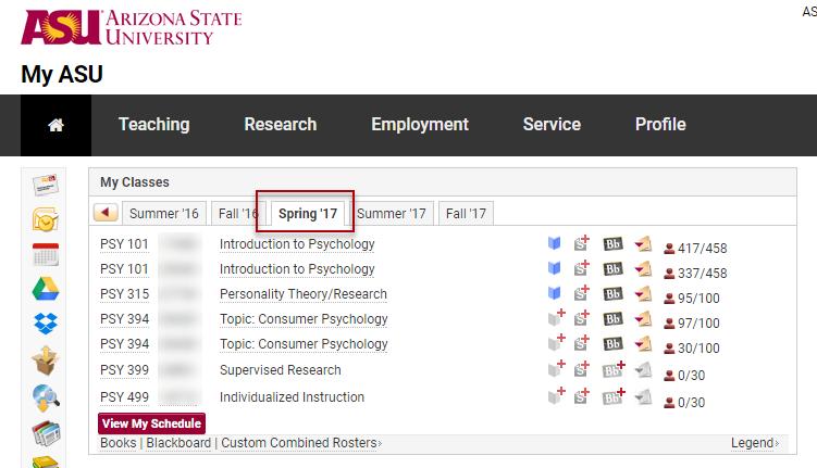 Step 2: On the My ASU page you will see a box labeled My Classes which displays a list of the courses you are assigned to teach in a given term.