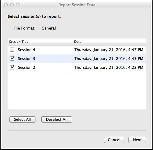 2.1 Select the session(s) to appear in the report(s) 2.2 Choose where you would like to save your report(s) By default, reports are saved in the Reports folder located inside the class folder. 3.