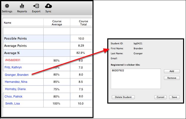 Update or delete a student record Within the iclicker Classic gradebook, you can edit clicker assignments for a student and delete student records.