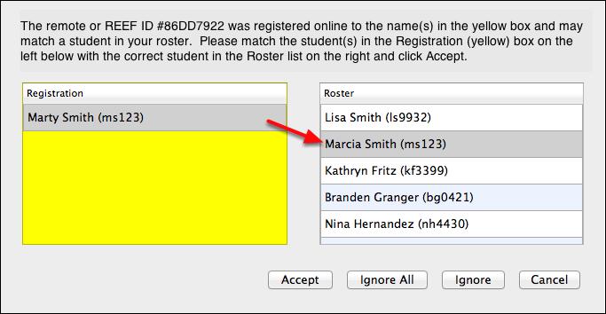 NOTE: If any of the numbers still appear in red, the student info (name or ID) in the online database may not match the info in your roster.txt file or the student may not have registered.