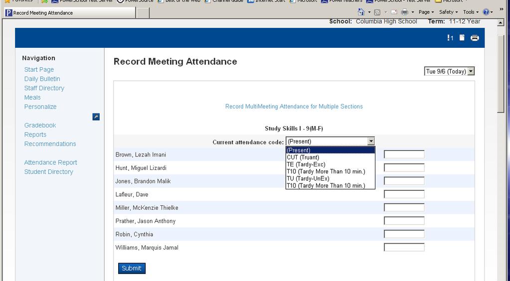 How to Take Attendance 1. Click on Chair 2. The date defaults to the current date. Make sure the date is set for the day you are entering attendance. 3. Select the attendance code (TE, TU, etc.
