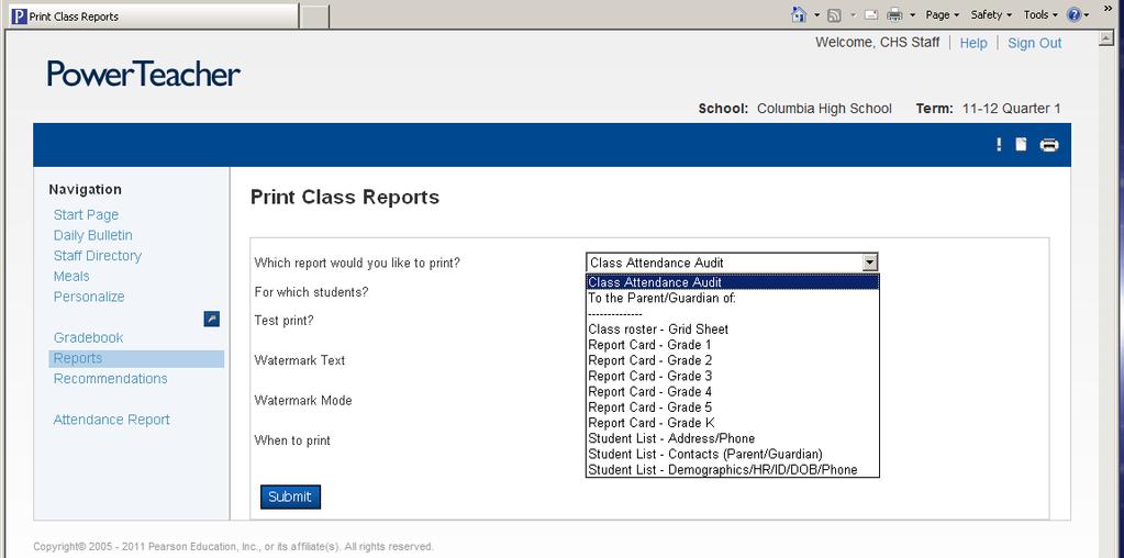 Class Reports 1 The reports available by clicking on the printer icon as shown above, or clicking on the word reports on the navigation bar are the same.