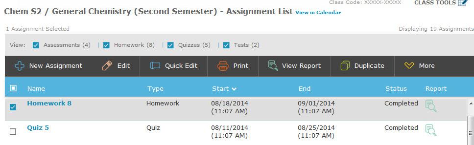 The Assignments menu allows instructors to create homework, tests, quizzes, scheduled assessments, worksheets, manage all assignments, and view