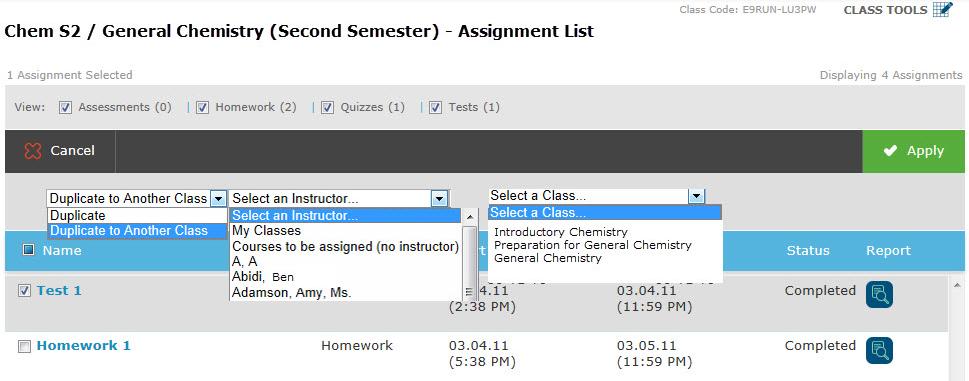 Note: Assignment duplication can only occur if both classes are using the same ALEKS Course Product.