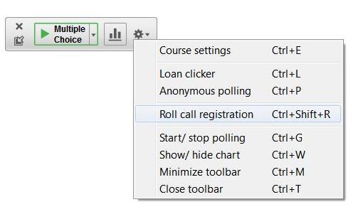 3) On the Session Toolbar, click on the down arrow next to the Options (gear) button and select Roll Call Registration.