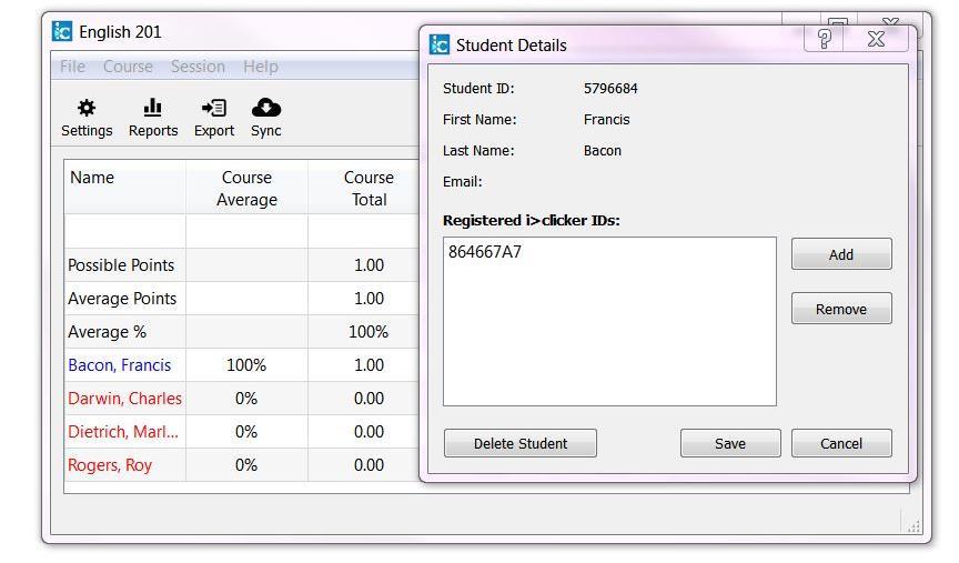 section will show you how to unregister a student and how to remove student data from i>clicker. To unregister a student 1) Open the Gradebook.