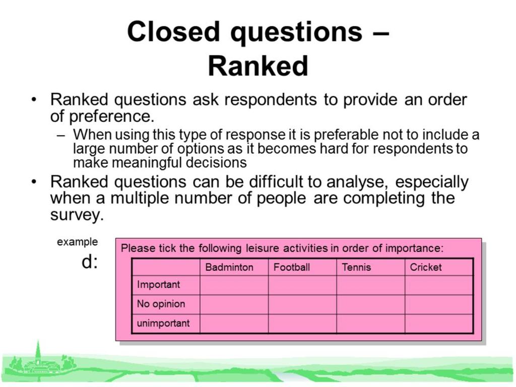 Use the same kind of format throughout the questionnaire for ranked questions.