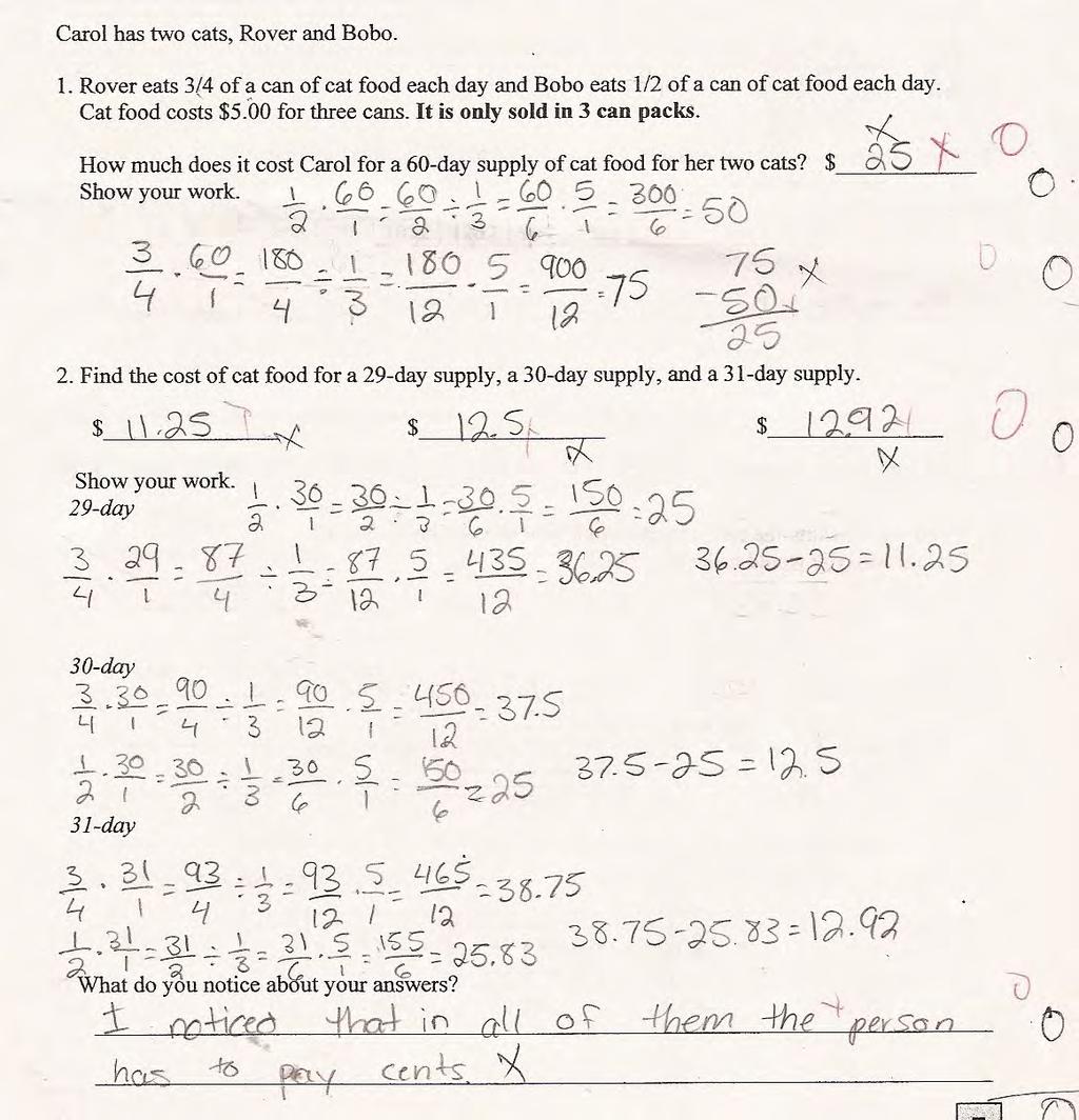 Student E is confused about operations with fractions, mixing process and concept. The student performs the right calculations but has labeled it division instead of multiplication.