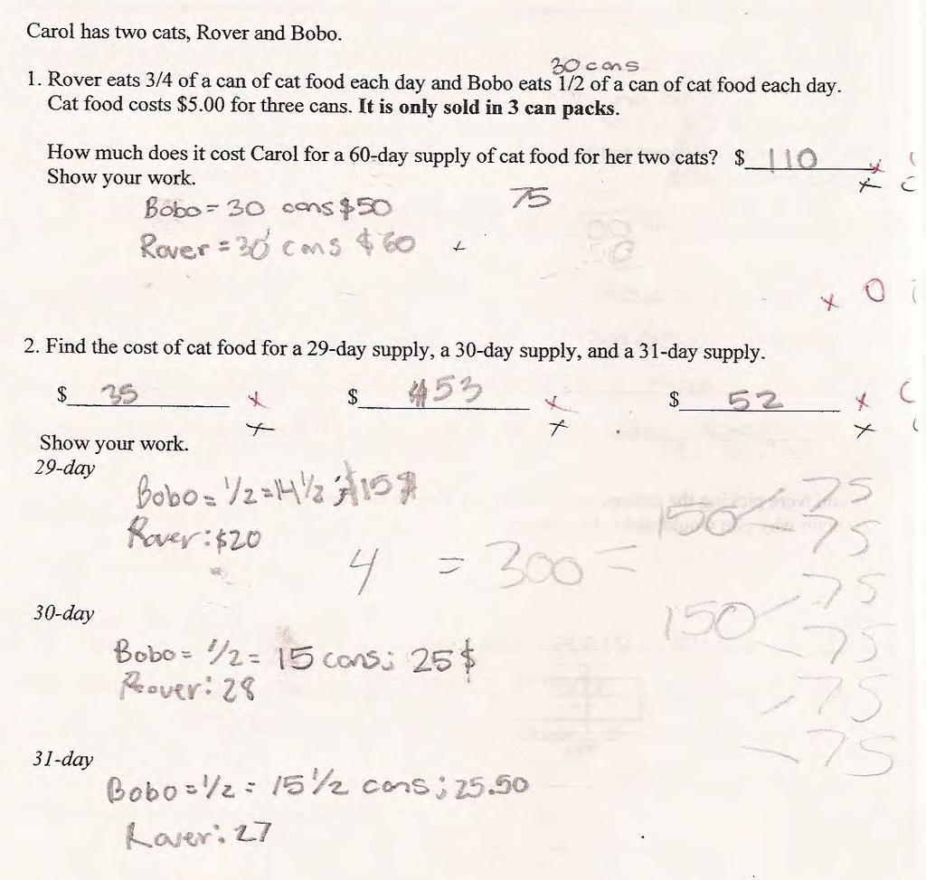 Student M is able to find the number of cans needed for Bobo and then seems to know that the cost for Rover is a little bit more.