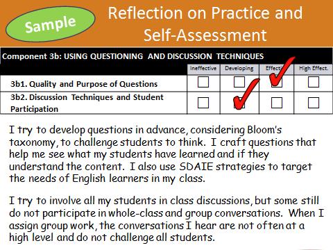 For example, the statement, I plan at least 5 questions for every ELA lesson designed to elicit higher level thinking and responses for my students.