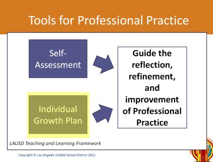 Tools for Professional Practice (1 minute) Display Slide 13 with animation Script: Now that we have completed a sample Self-Assessment, we will look at another tool the Individual Growth Plan.