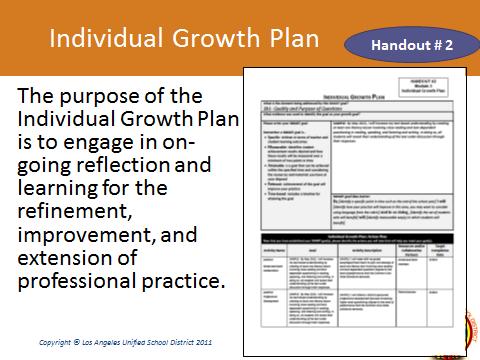 Individual Growth Plan (1 minute) Reflection on Practice and Individual Growth Plan (3 minutes) Display Slide 14 no animation Distribute Handout #2- Individual Growth Plan Script: The purpose of the