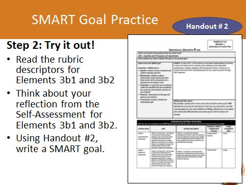 Sample SMART Goal (2 minutes) Reflection on Practice (12 minutes) Display Slide 16 no animation Script: Take a moment to review one example of a SMART Goal.