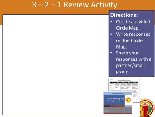 Script: Now let us review what we learned about the Teaching and Learning Framework in Modules 1 and 2. We will record our responses using a divided Circle Map as indicated on the slide.