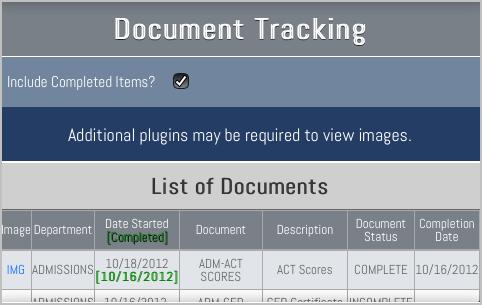 Documents that a student would find helpful or are required reading can also be made available to them via Document Tracking, such as a student handbook or campus directory.