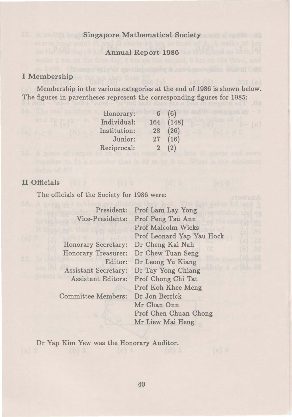 Singapore Mathematical Society Annual Report 1986 I Membership Membership in the various categories at the end of 1986 is shown below.