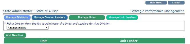 Managing Units Click on Mange Units to add a Unit. [Divisions MUST be entered before a Unit can be added.