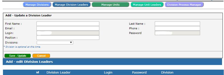 Click on Manage Divisions Leaders to add or update a division leader.