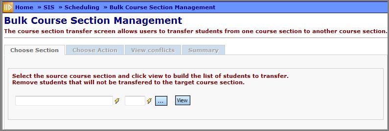 <Back / Next> Navigate between tabs on this screen. Choose Section Tab On the first tab, select a course section to manage.