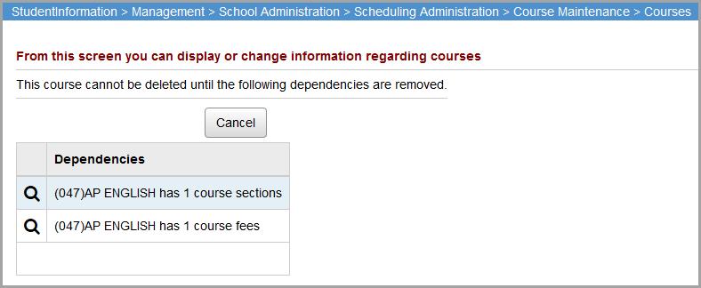 Delete Course You cannot delete a course that has course sections created, course fees, or that is a member of any course groups.