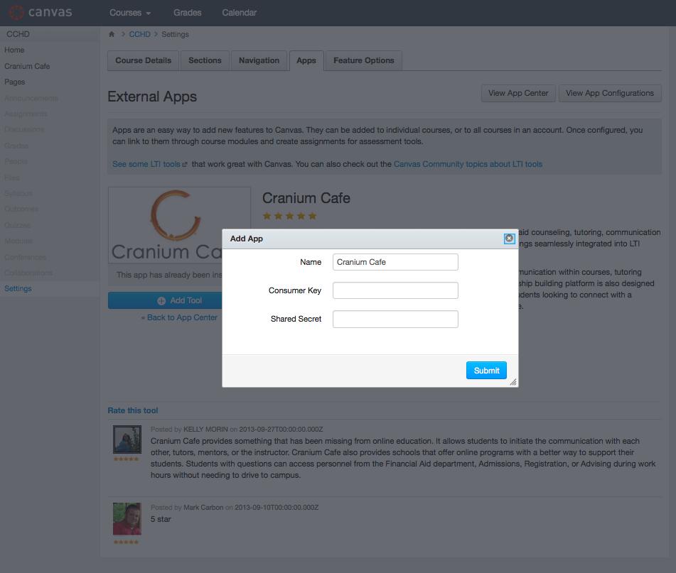 Step 3: Enter the Consumer Key and Shared Secret provided in your setup email. Click Submit.