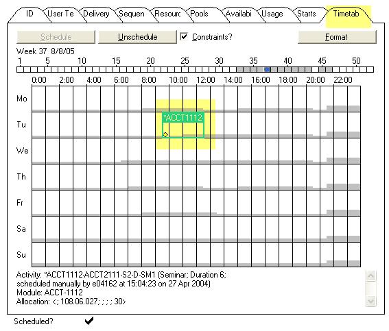 The Timetable Tab The Timetable Tab is used for changing the following: To schedule a teaching activity To unscheduled a teaching activity If changes need to be made, you must