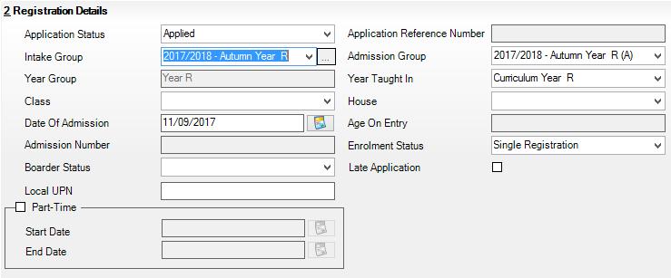 5. Within the Registration Details panel, select the required Intake Group from the dropdown list, which will auto-fill the Admission Group (if a single Admission Group setup is being used), the