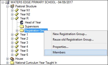 4. Expand +Pastoral Structure: If your Pastoral Structure for next year is fully vertical, you will need to expand the combined Year Groups, then right-click the Registration Group folder showing at