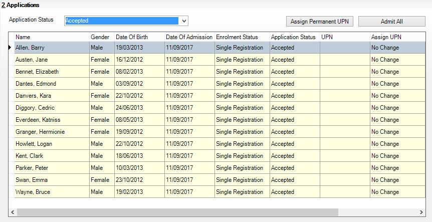 The Applications panel displays by default all applicants with an Application Status of Accepted.