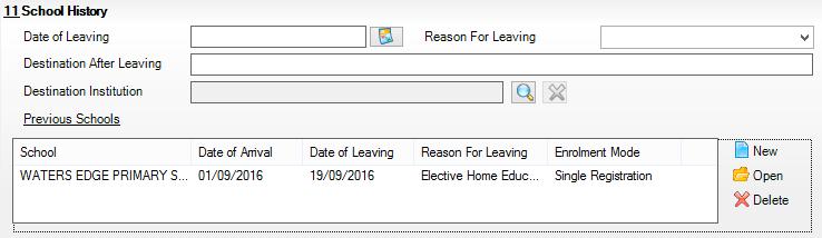 - otherwise a Census error will be triggered for them in the Autumn Return: a. Press New to make a new entry in the Previous Schools box. b. Select the School from the list by using the icon.