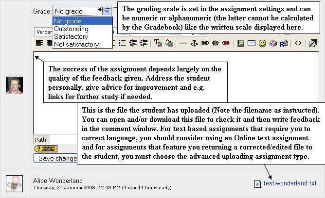 assignment type): In an assignment featuring file upload, the student file can be opened by clicking on it, or it