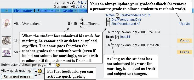 The Quickgrade option This is a way to quickly give grades and (copied and pasted) feedback to all students on a page and save the lot in one go.
