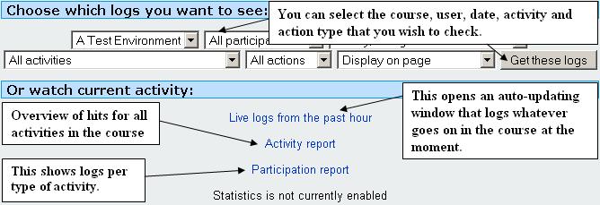 Reports The Reports page is a Logs page. It allows you to check how active a student (or all students) in your group have been in the course.