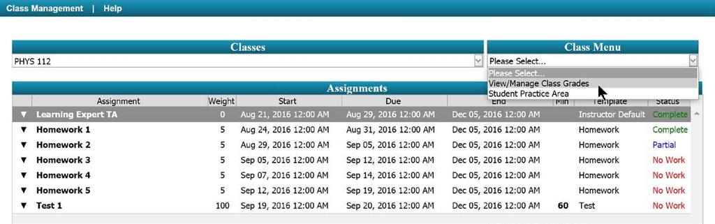 View Printable Assignment From the Class Management page, highlight the assignment you wish to print.