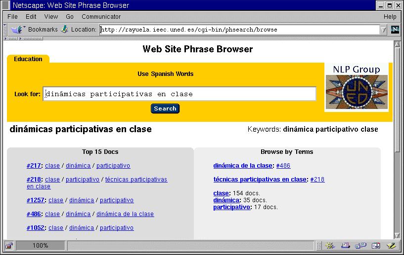 Figure 4. Website Term Browser interface. Both areas, term area and document area have two kind of links: 1. Links for exploring the selected documents. 2.