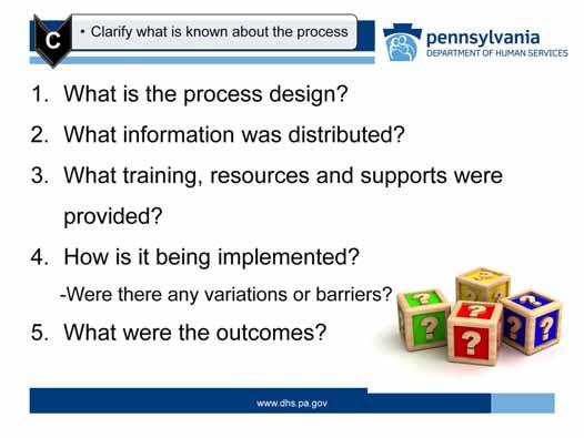 In order to learn about the processes, members will apply each of the questions noted on the slide; and any others they identified.