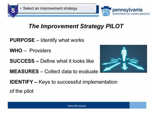 In order to conduct a pilot, the virtual team selects several providers and then works closely with them to implement the pilot consistently.