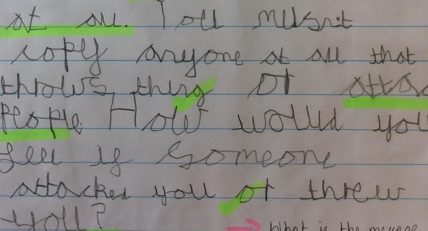 In RE writing, the child used a question mark in context in a letter.