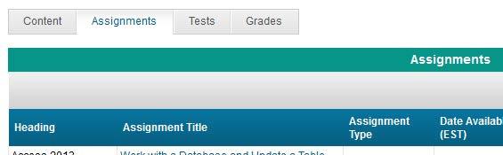 This screenshot shows the Content, Assignments, Tests, and Grades tab.