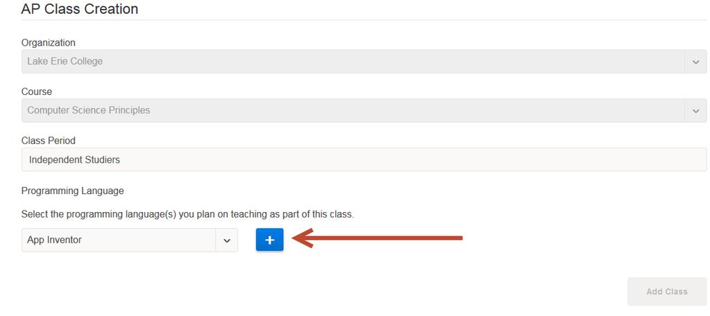 Select the prgramming language(s) that yu r the student(s) will be using in yur class and click the + sign.