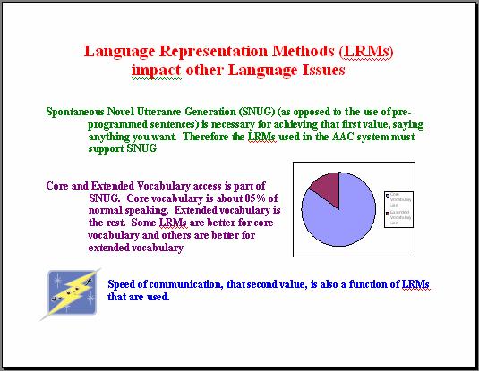 LRMs impact other language issues. SNUG (Spontaneous Novel Utterance Generation) addresses the first value: being able to say whatever you want.