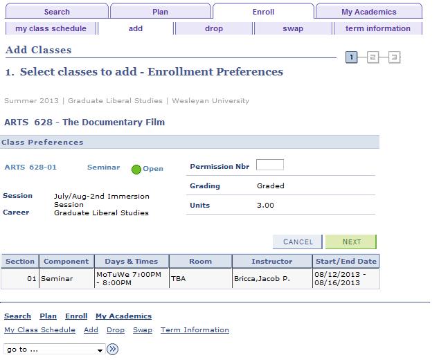 Select classes to add Once you have selected the class(es), you need to confirm that you want the class by clicking