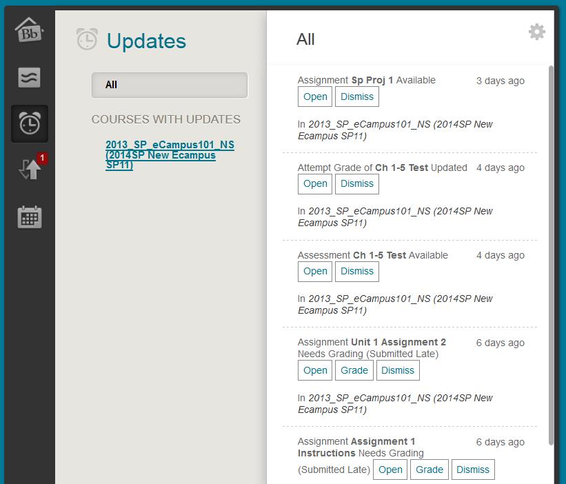 My Blackboard: Updates The Updates tool in My Blackboard consolidates all of your Notifications from across all your Courses and Organizations.