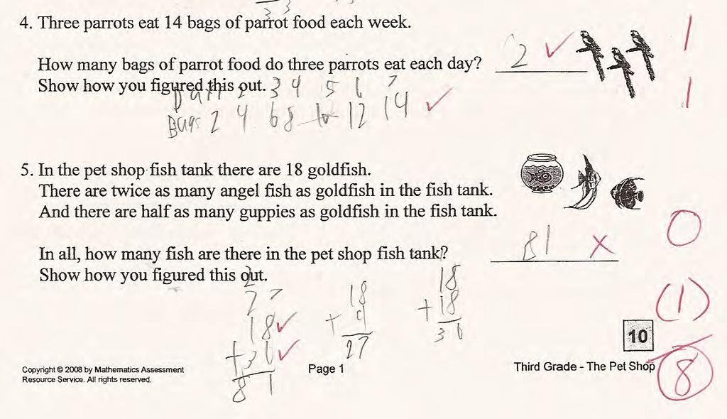 Now contrast this thinking with the work of Student F. This student adds the goldfish to the guppies and calculates the number of angel fish.