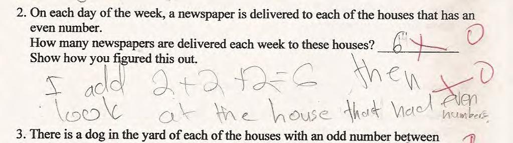 Student D is able to think about the 3 even numbers, but continues with the idea of 2 per house rather than thinking about 1 newspaper for every day of the week.