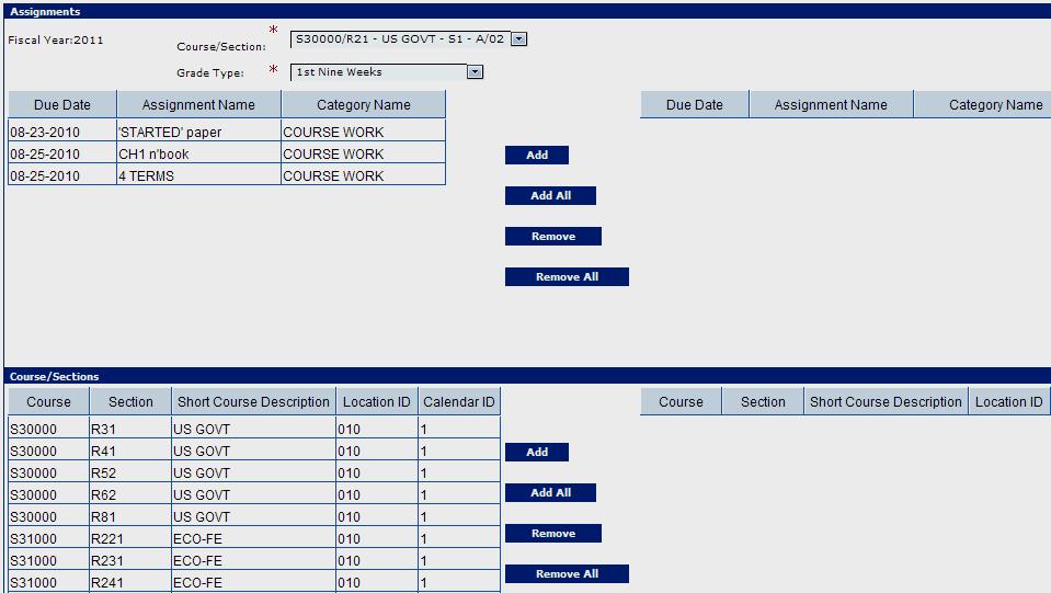 Copy Assignments Source Area Select assignments and course/section in which to copy
