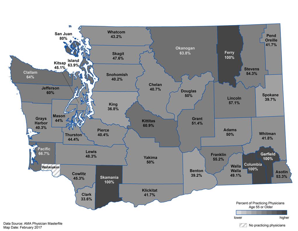 As shown in Figure 4 many of Washington s most rural counties have the highest percentages of physicians age 55 and older.