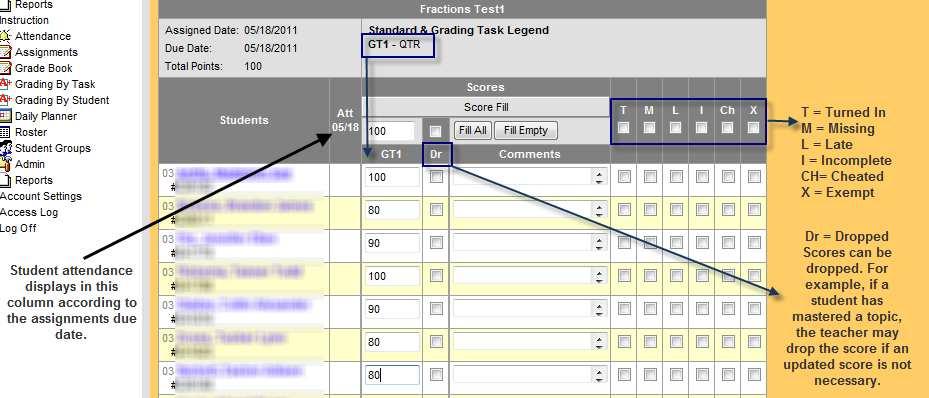 Scoring an Assignment (Instruction > Assignments) In the Index Tab, go to Instruction > Assignments > and select a course and assignment to score. 1.