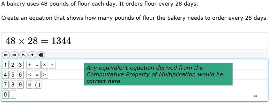 Equations: Mathematics Example Equation items require you to enter a valid statement that answers the question.